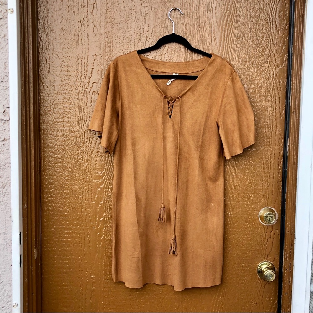 Micro suede brown tan  bohemian mini dress
